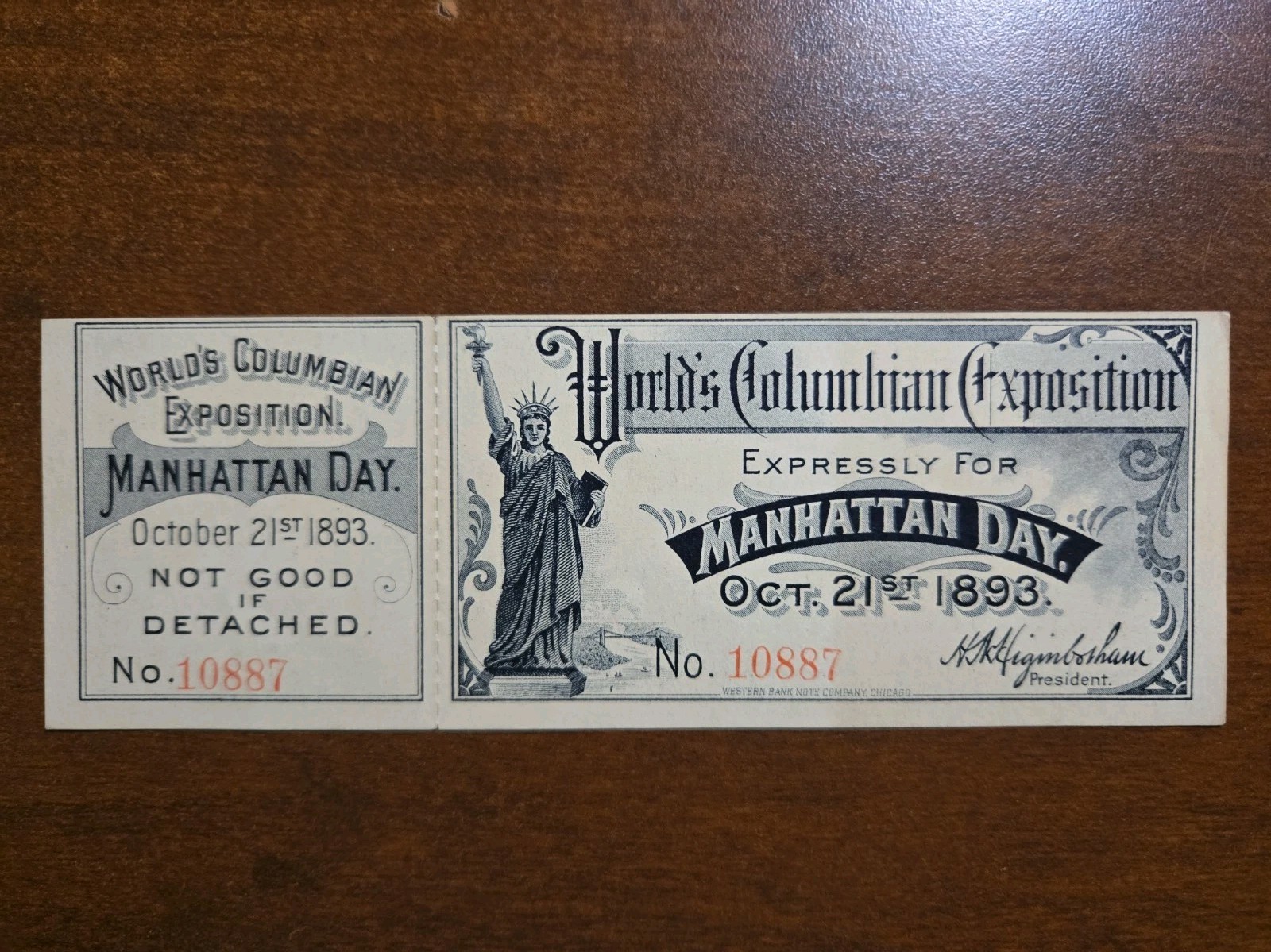 1893 World's Columbian Exposition Chicago MANHATTAN Admission Ticket #10887 1893 World's Columbian Exposition Chicago MANHATTAN Admission Ticket #10887