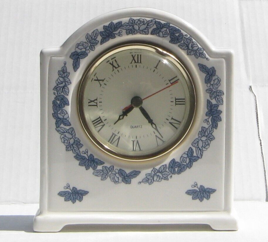 Vintage white ceramic desk/shelf clock with blue floral design