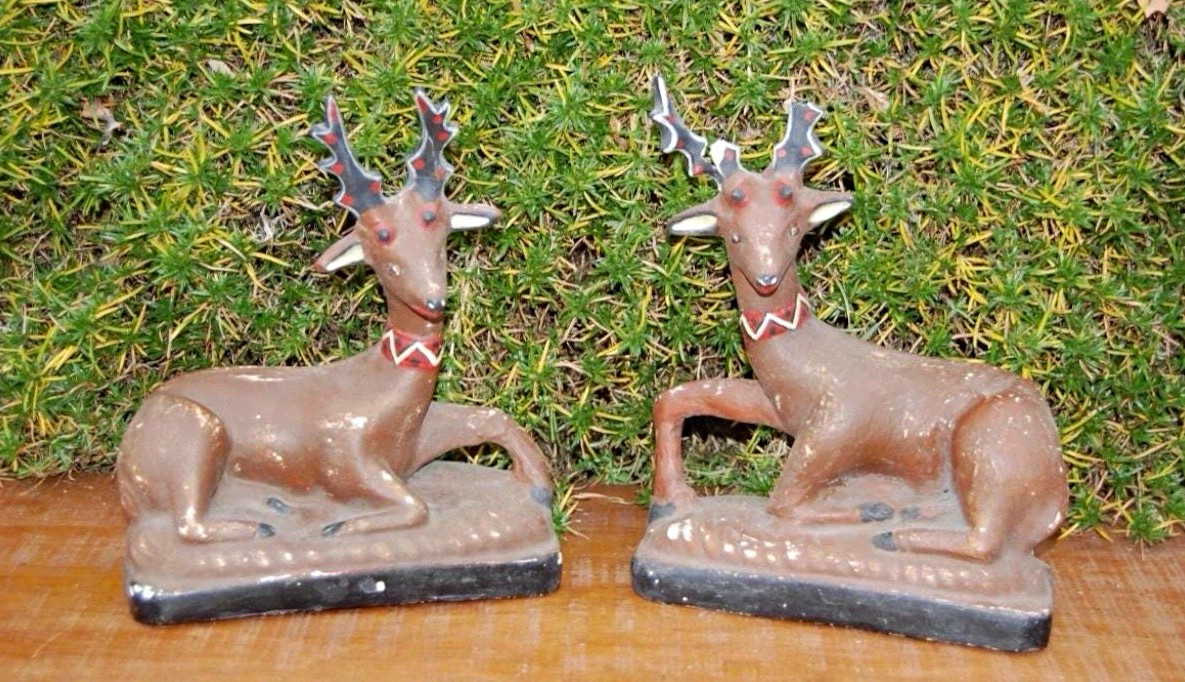 Antique Pair of 19th Century Pennsylvania Holllow Cast Chalkware Reclining Stags
