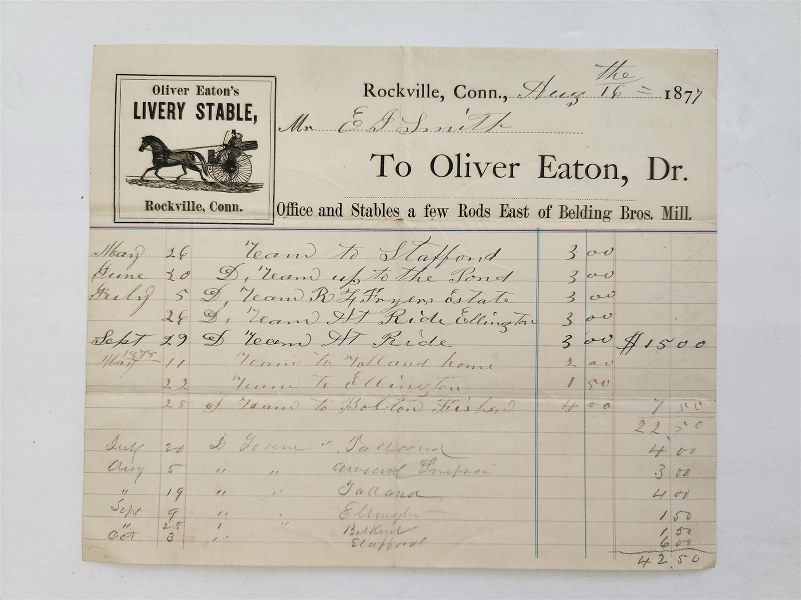 1877 antique OLIVER EATON rockville ct LIVERY STABLE HORSE CARRIAGE INVOICE