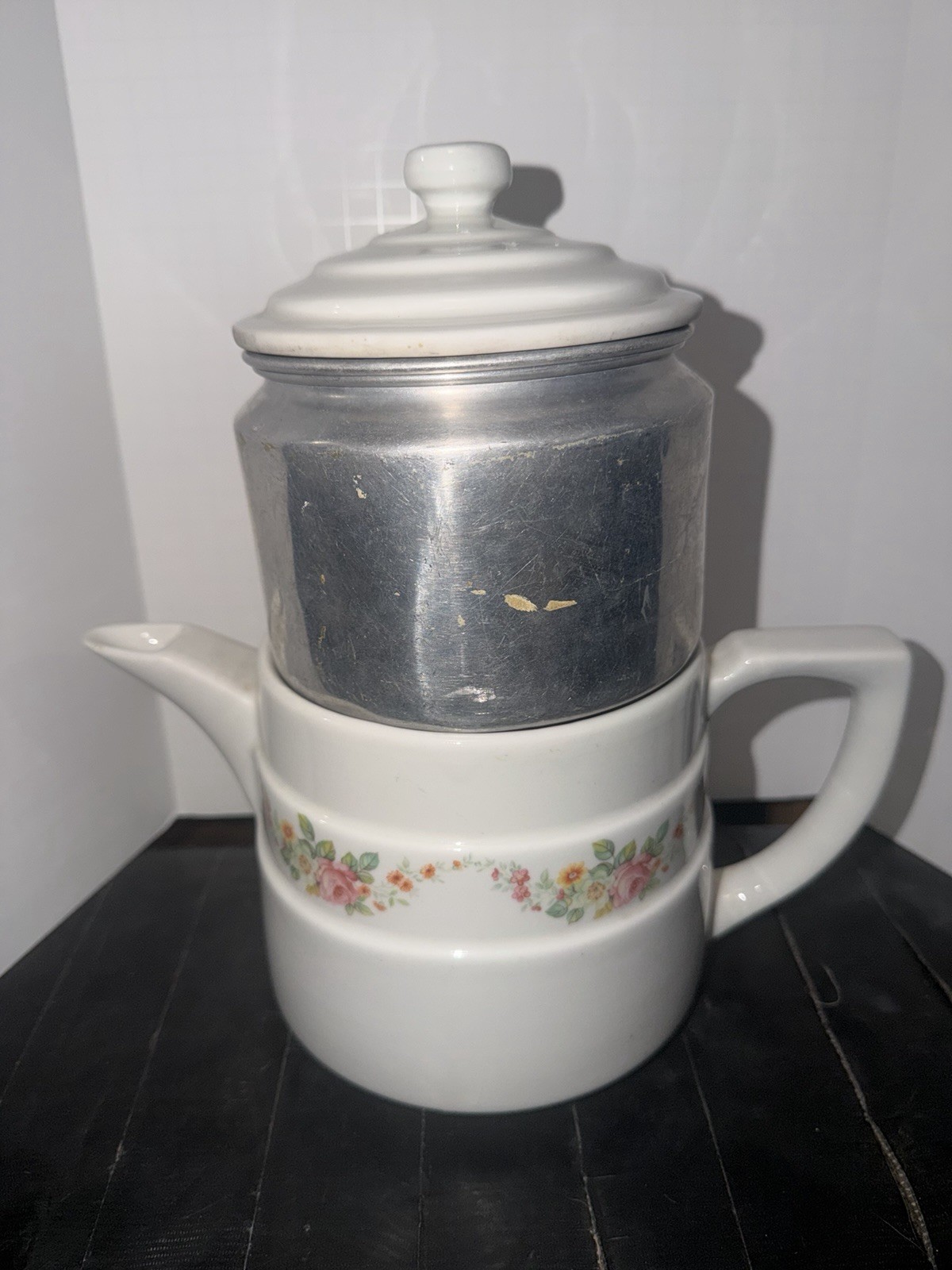 Enterprise Aluminum Floral Pattern Three Drip-O-Lator coffee pot Enterprise Aluminum Floral Pattern Three Drip-O-Lator coffee pot