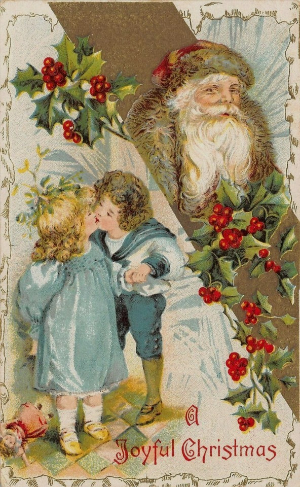 Santa Claus with Victorian Children Kissing~Vintage Christmas Postcard~s923