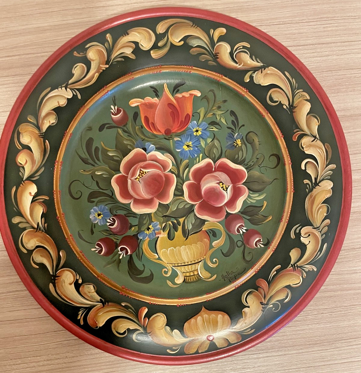 SIGNED Vintage Norwegian Rosemaling Hand-Painted Wood Plate Nordic Folk Art 12\ SIGNED Vintage Norwegian Rosemaling Hand-Painted Wood Plate Nordic Folk Art 12\