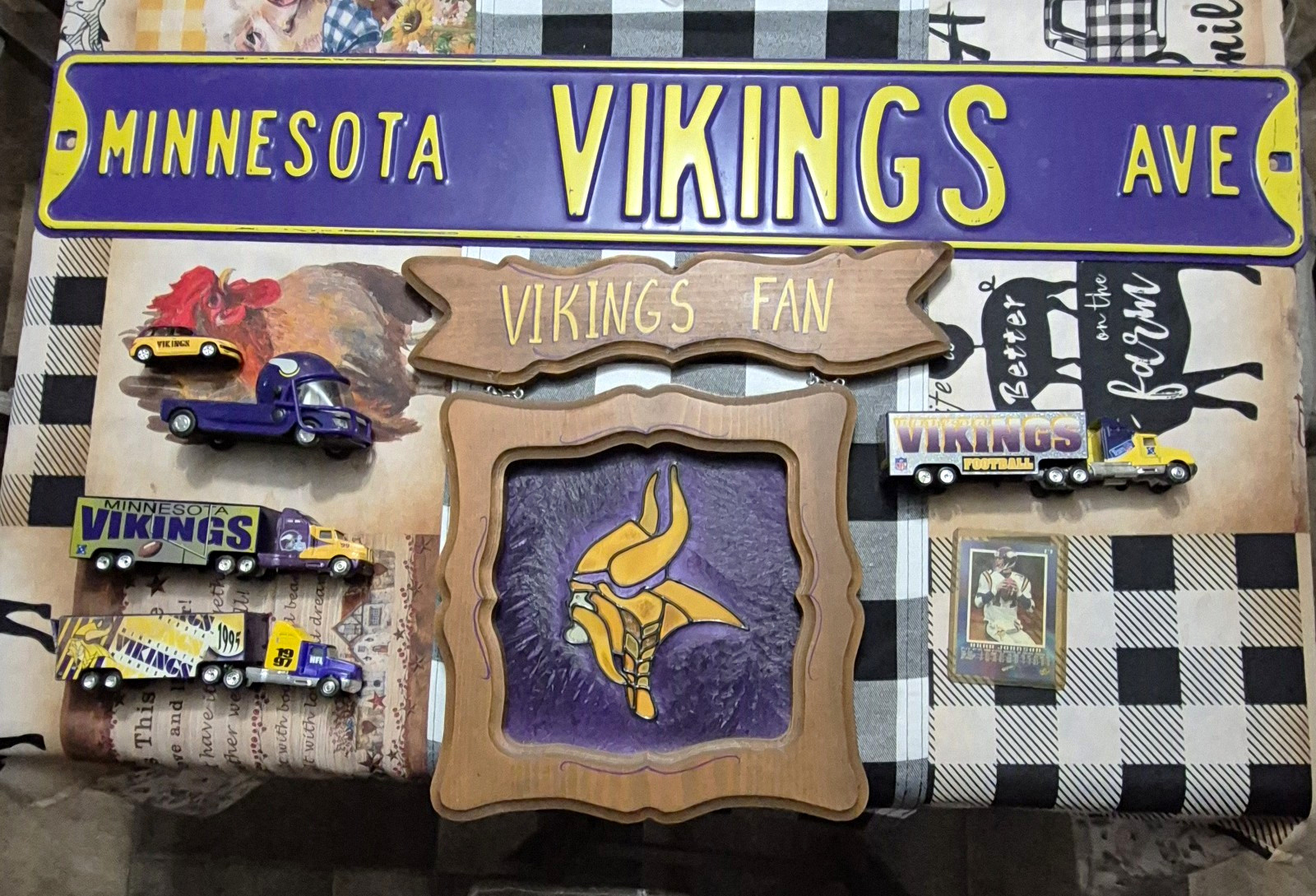 Minnesota Vikings Painted Wood Wall Mounted Plaque Rectangle Purple Yellow Brown
