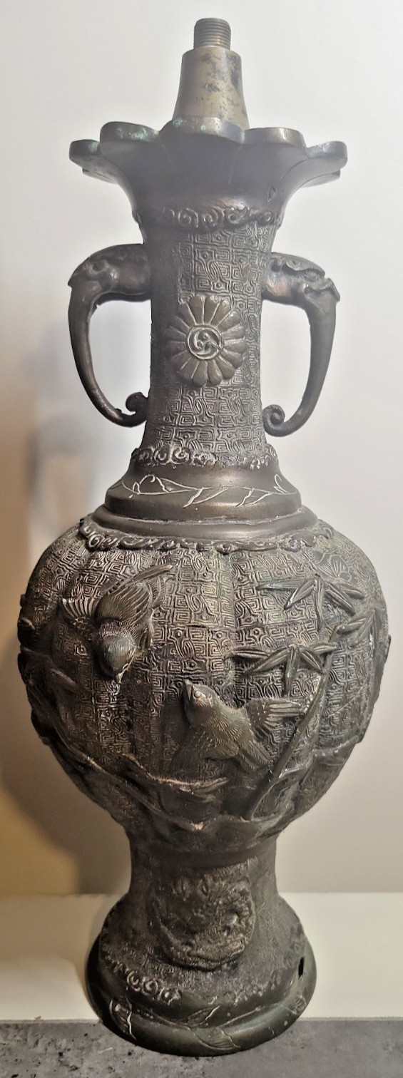 Antique Chinese Bronze Vase Lamp Base Dragon Elephant/Bird Handles Relief 1900s