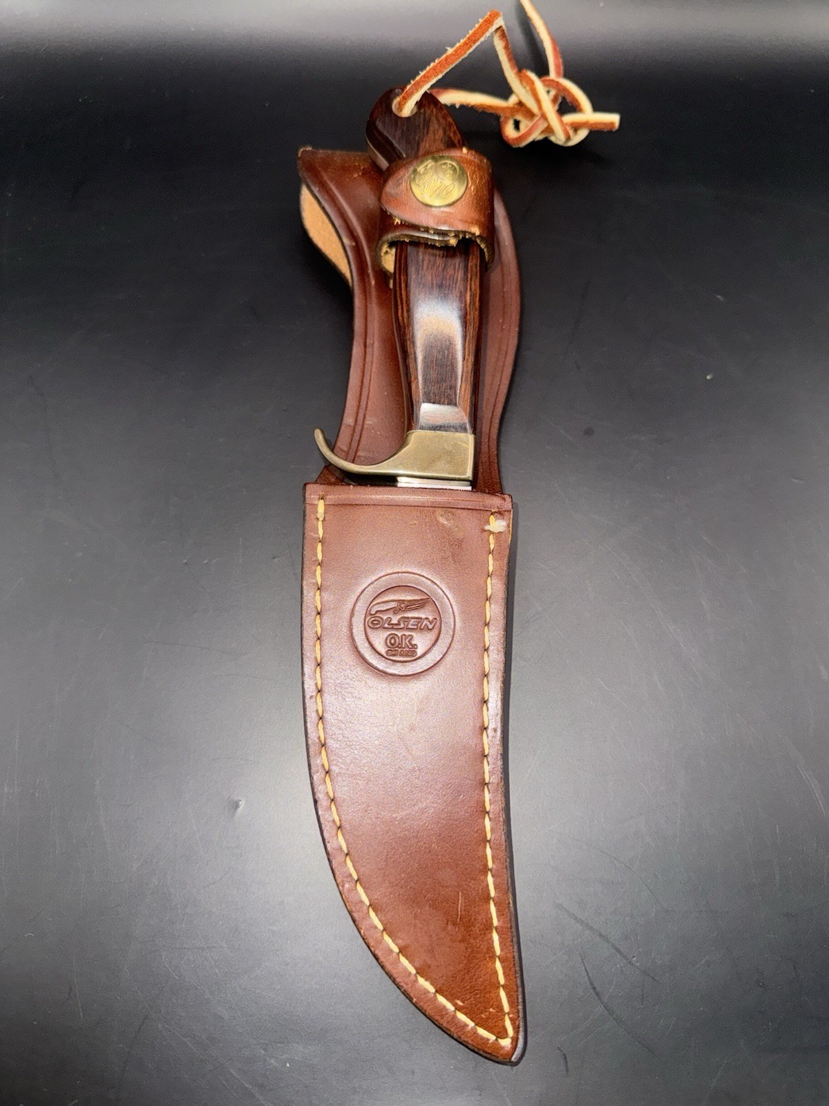 Vintage Olsen OK Brand Fixed Blade Hunting Knife w Original Leather Sheath