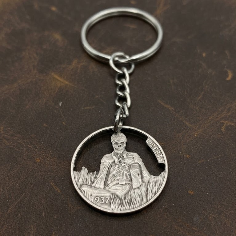1937 Hobo Nickel Cut Coin Keychain Skeleton Man Sitting In The Park Skull Gothic