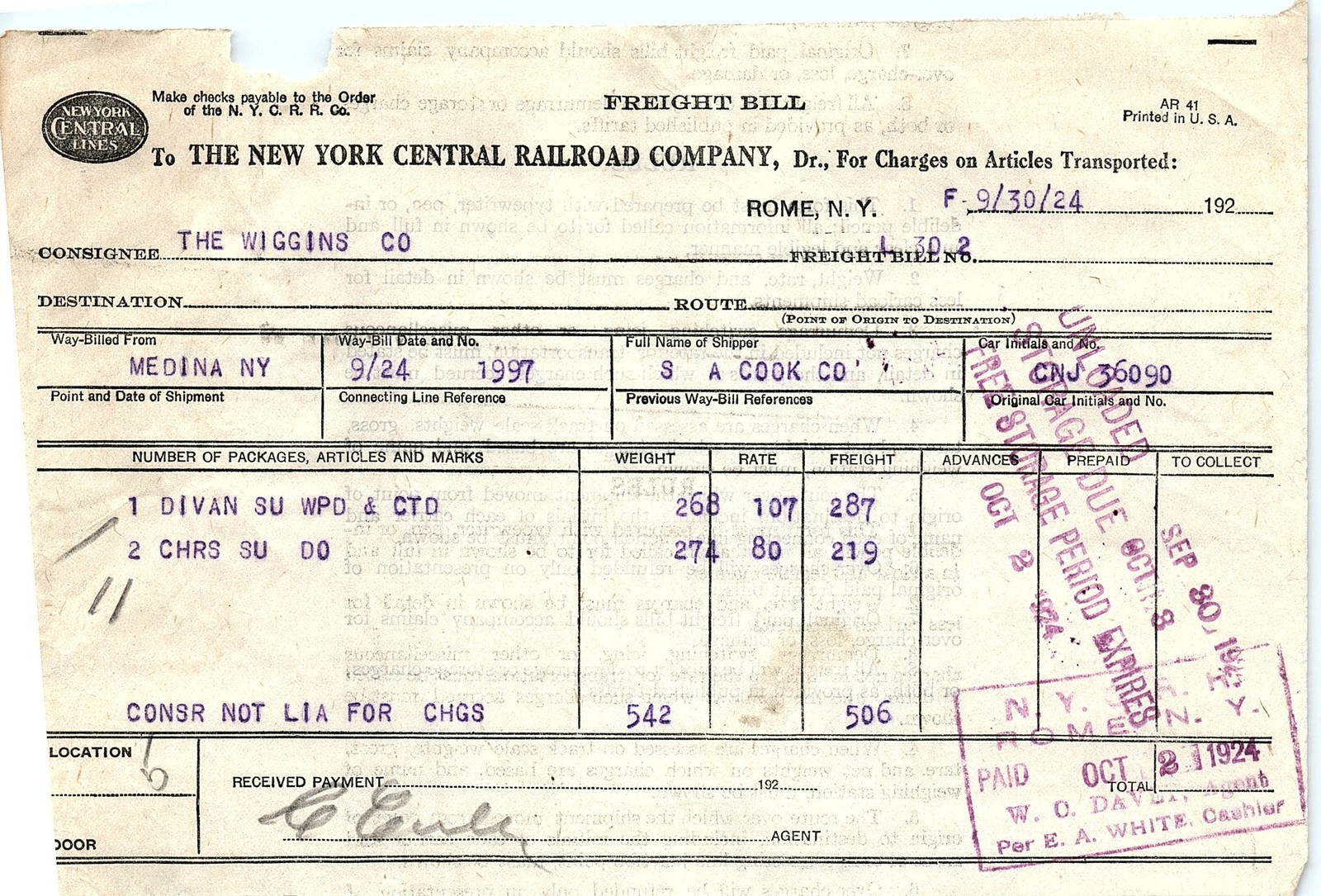 NYC RR 1924 freight bill for furniture (divan, chairs)
