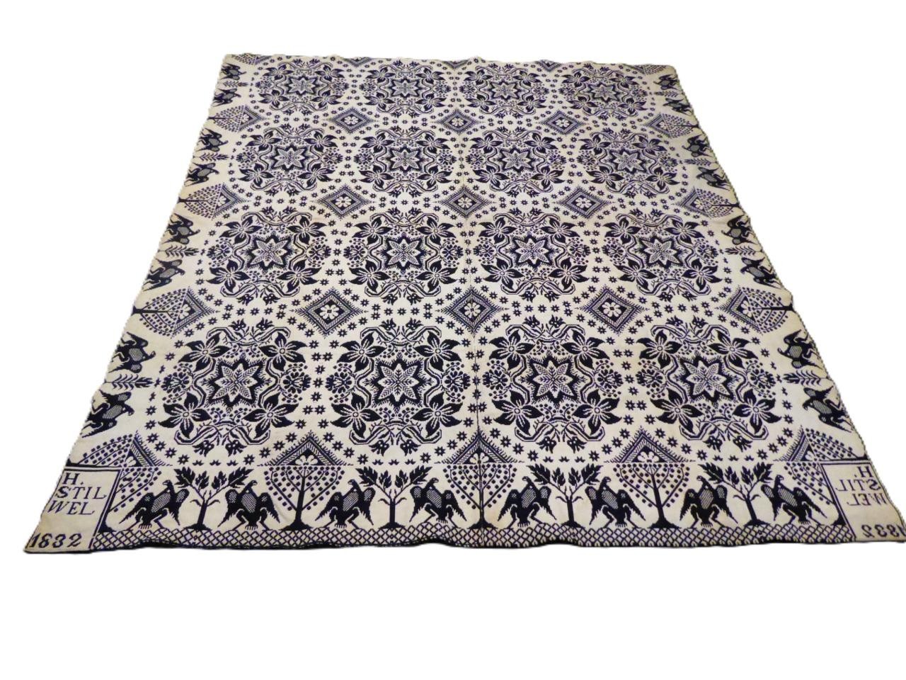 EARLY AMERICAN 1832 H.STILWIL ANTIQUE JACQUARD WOVEN  INDIGO & CREAM COVERLET