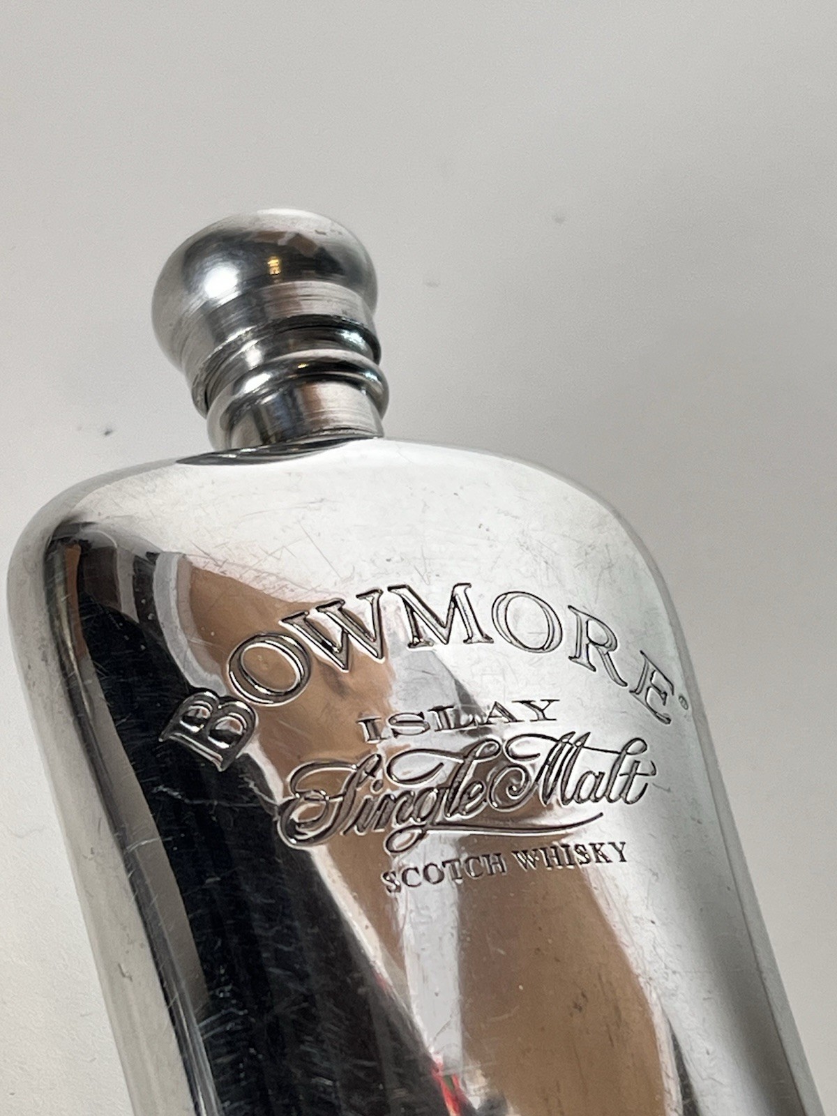 Vintage Bowmore Islay Single Malt Scotch Whisky Hip Pocket Flask Silver Metal Vintage Bowmore Islay Single Malt Scotch Whisky Hip Pocket Flask Silver Metal