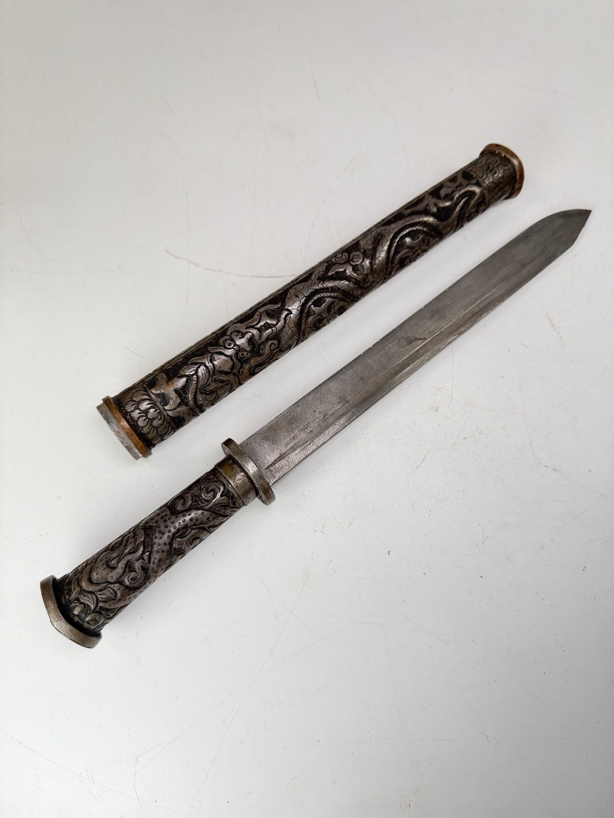 Antique Asian Burmese Myanmar DHA Short Sword Dagger W Carved Metal Scabbard Antique Asian Burmese Myanmar DHA Short Sword Dagger W Carved Metal Scabbard