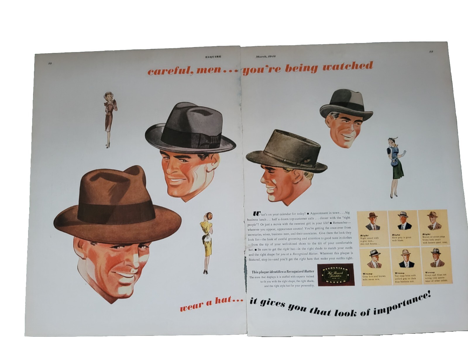 1946 Men's Hat Research Foundation Fashion Vintage Two Page Ad 