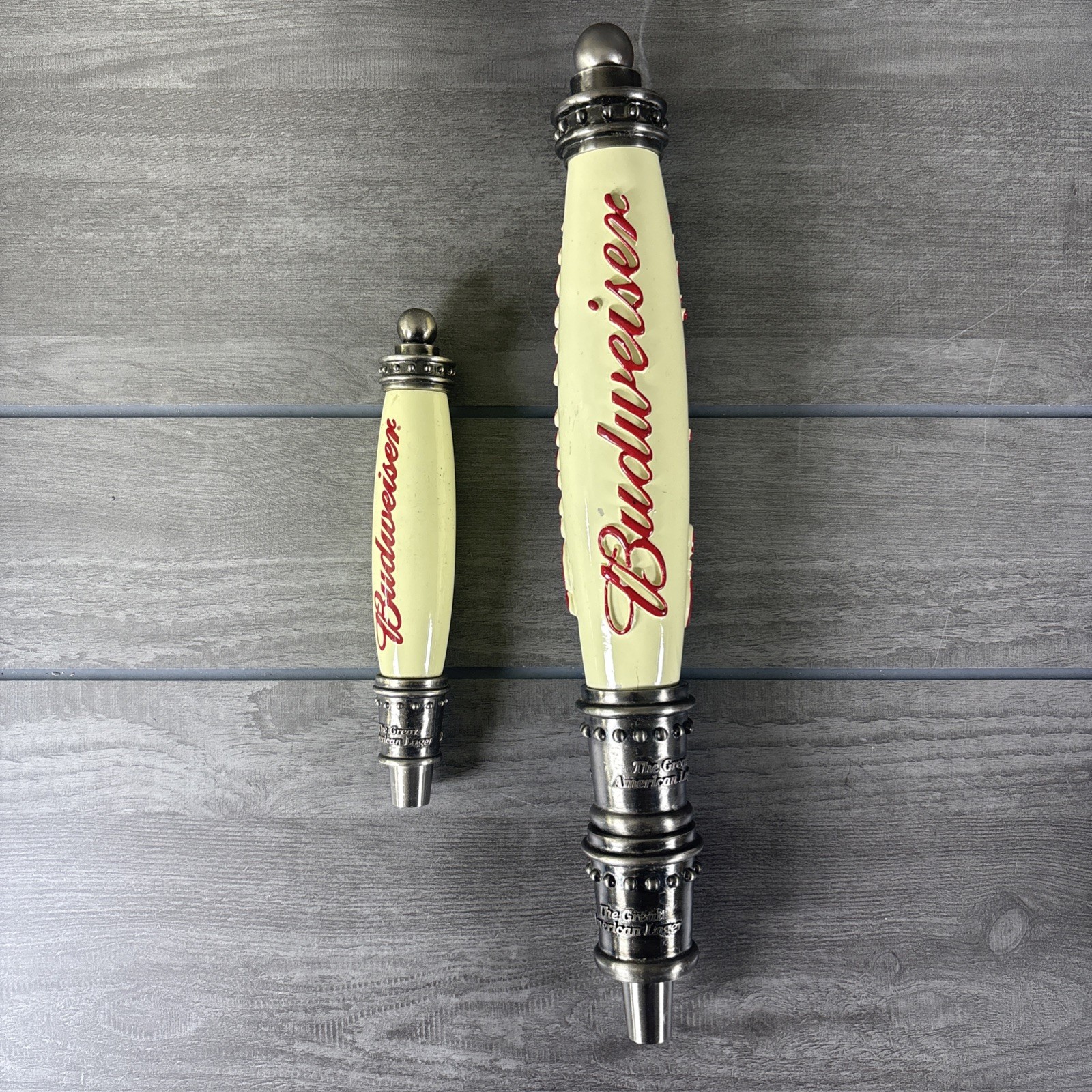 Budweiser The Great American Lager Beer Tap Handle Set 14.5” & 7” Breweriana Budweiser The Great American Lager Beer Tap Handle Set 14.5” & 7” Breweriana