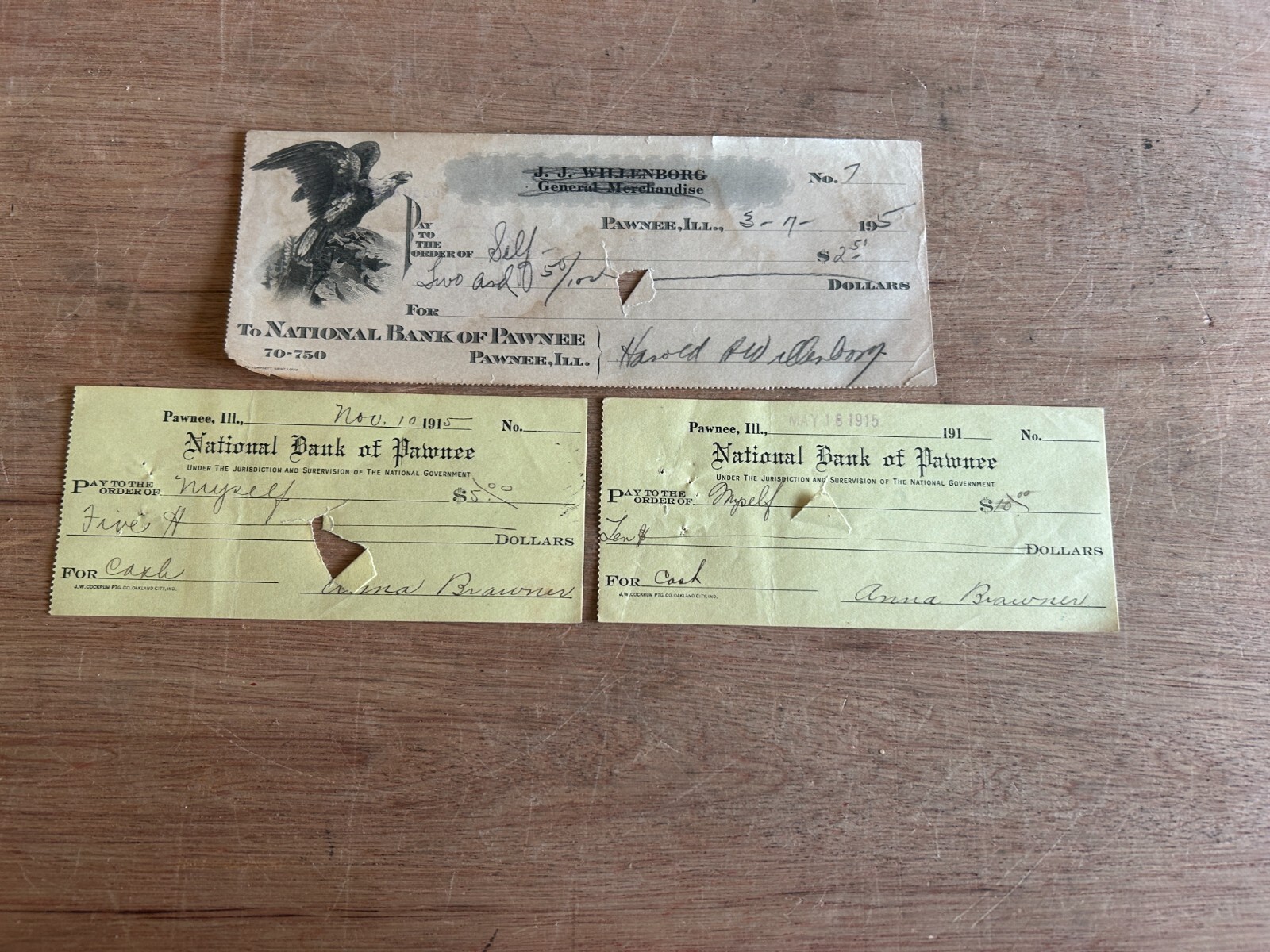 National Bank Pawnee Illinois Check Lot 1915 Vintage Brawner Willenborg 3 Total