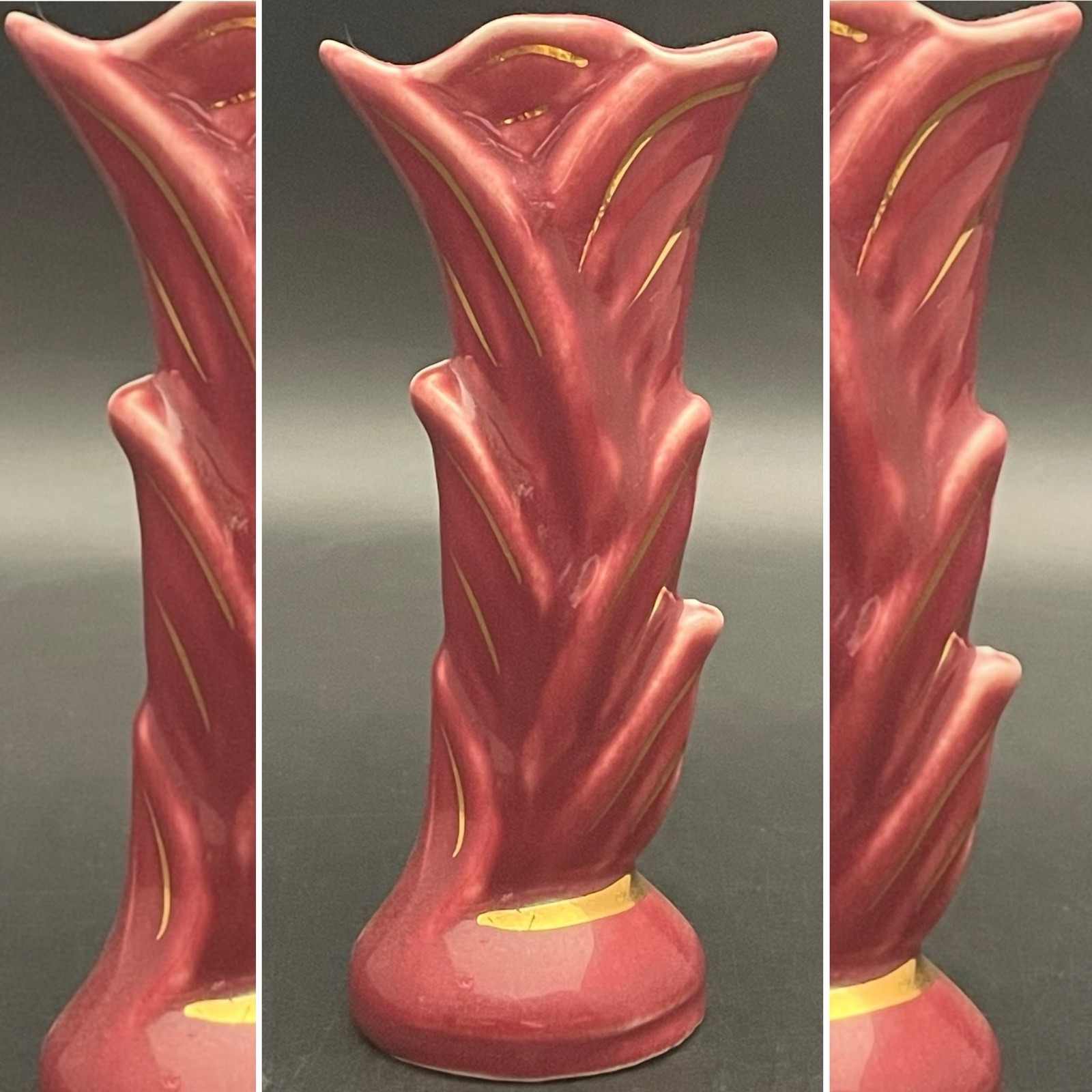 Shawnee Pottery Gold & Burgundy 1135 Mini Lily Bud Vase c1950s Made in USA 5
