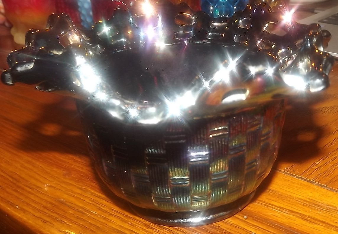 Fenton Amethyst Carnival Glass Basket Weave Bowl Vase
