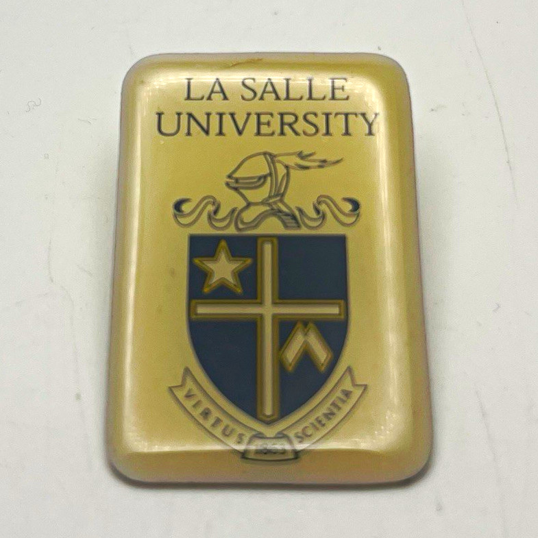 Vintage La Salle University Crest Lapel Pin Gold Tone Epoxy Dome Virtus Scientia