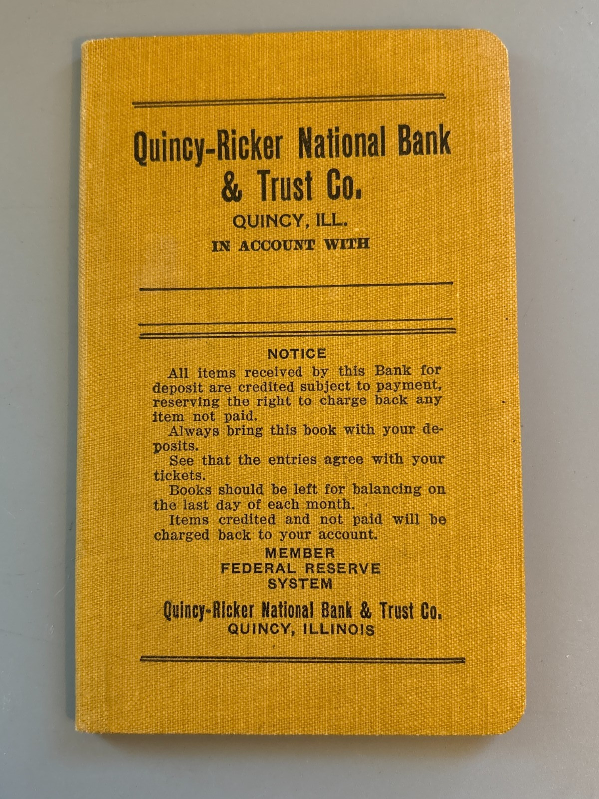 1920s Quincy-Ricker National Bank Passbook Unused Charter 3752 Illinois Ephemera