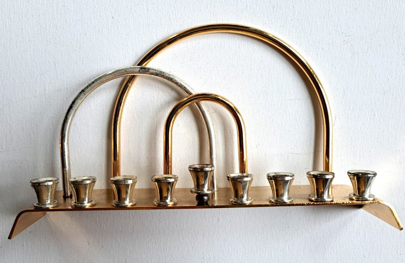 Vtg 80s Modernist Korem Jerusalem Hanukkah Menorah 24K Gold Silver Plated Candle