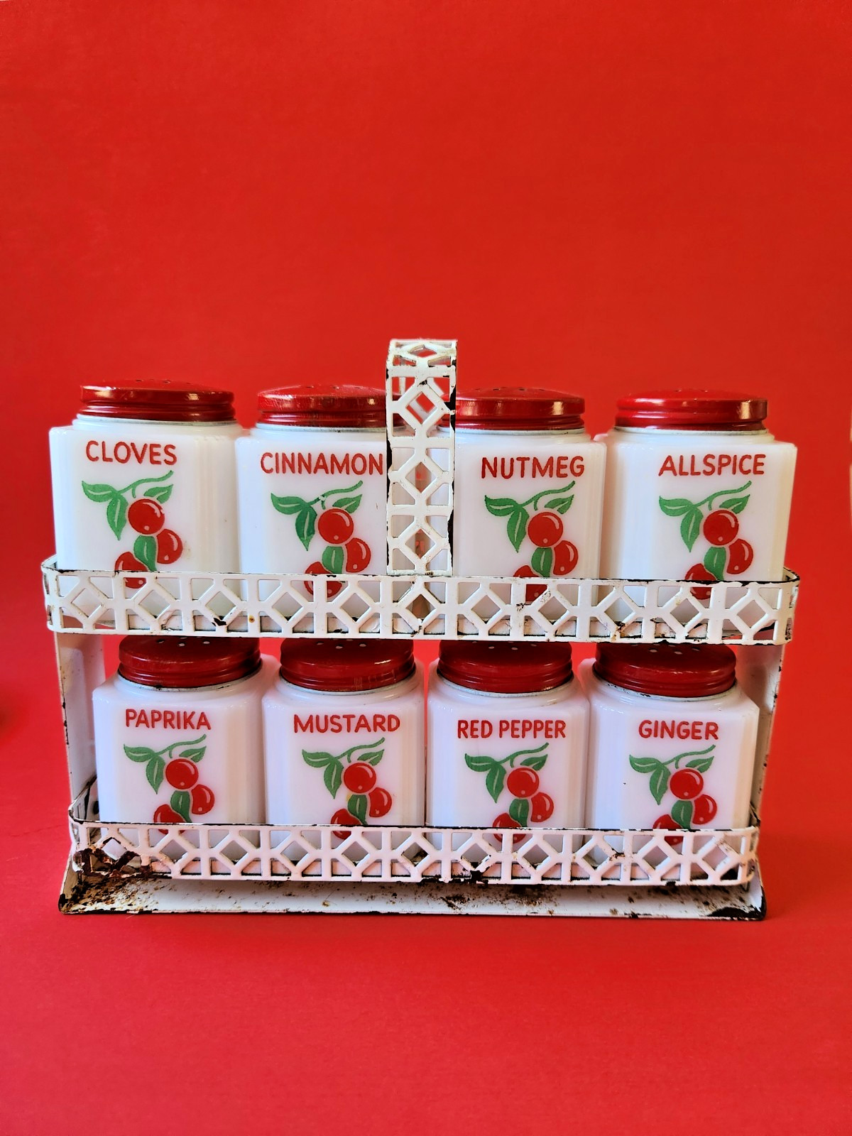 VINTAGE MCKEE TIPP CITY CHERRIES MILK GLASS 8 PIECE SPICE SHAKER SET TILT RACK VINTAGE MCKEE TIPP CITY CHERRIES MILK GLASS 8 PIECE SPICE SHAKER SET TILT RACK