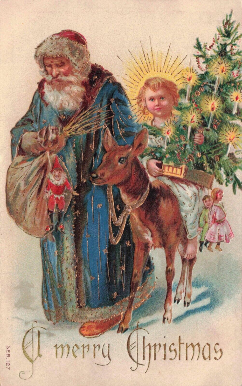 Blue Suit Santa Claus Leading Christ Child Toys Christmas Tree c1904 Postcard