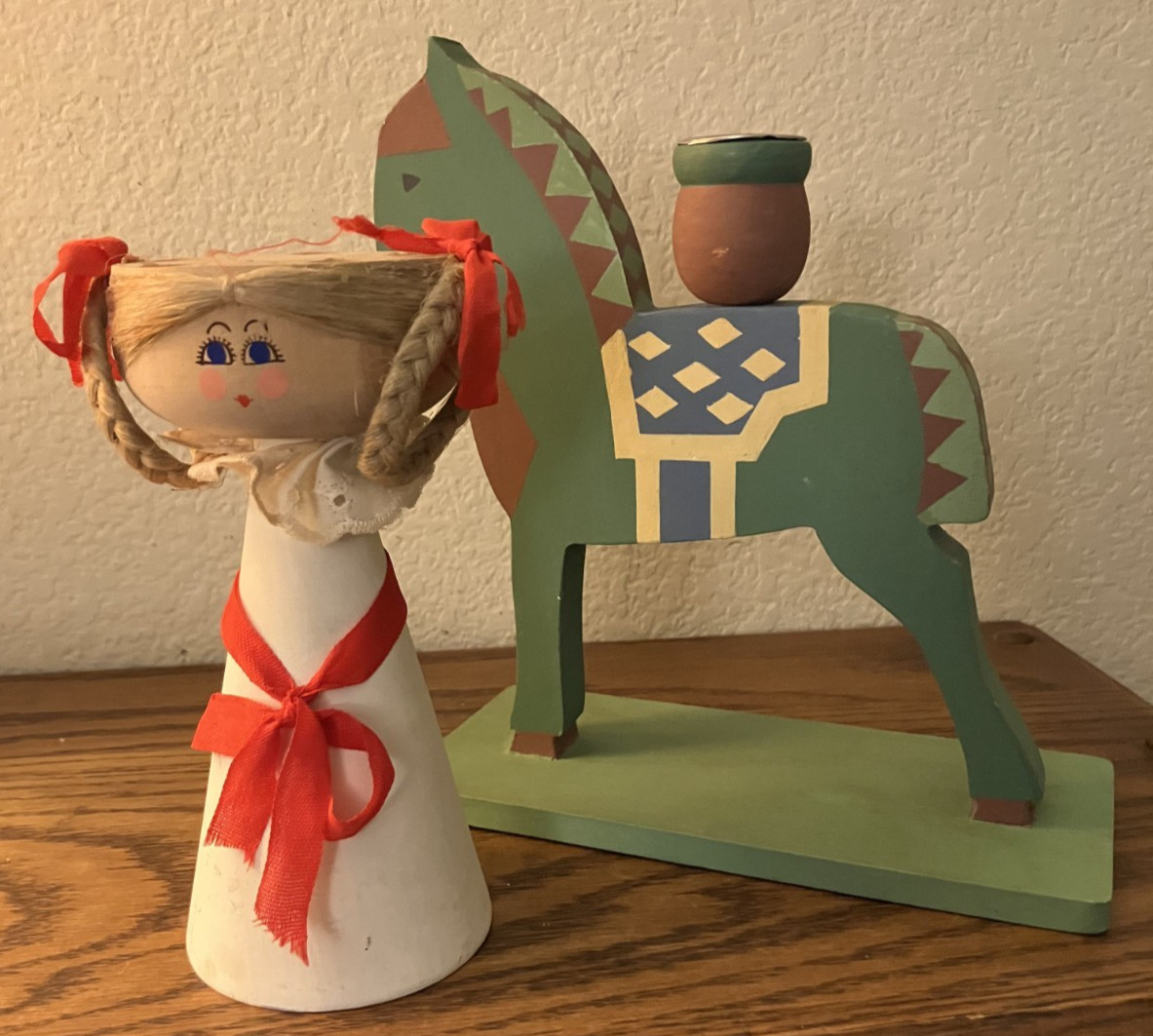 VINTAGE TWO WOODEN SWEDISH CANDLE HOLDERS’ WOODEN ANGEL AND HORSE BOTH SIGNED