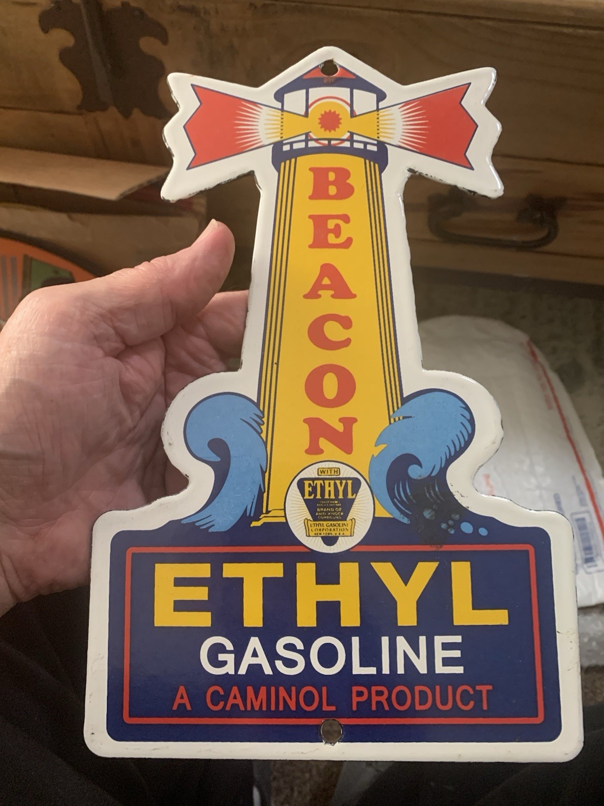 VINTAGE BEACON ETHYL GASOLINE  PORCELAIN  GAS AND OIL SIGN GREAT COND
