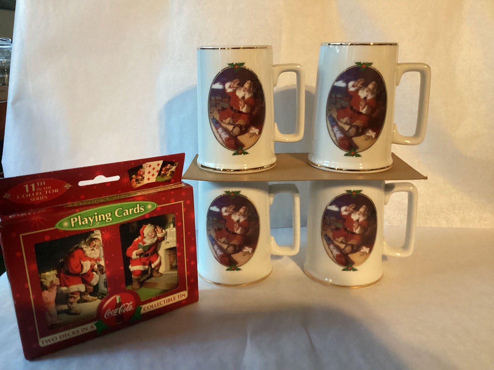 4 VTG 1996 Coca-Cola Christmas Santa Claus Collector Mugs+BONUS 2 Pk Cards W/Tin