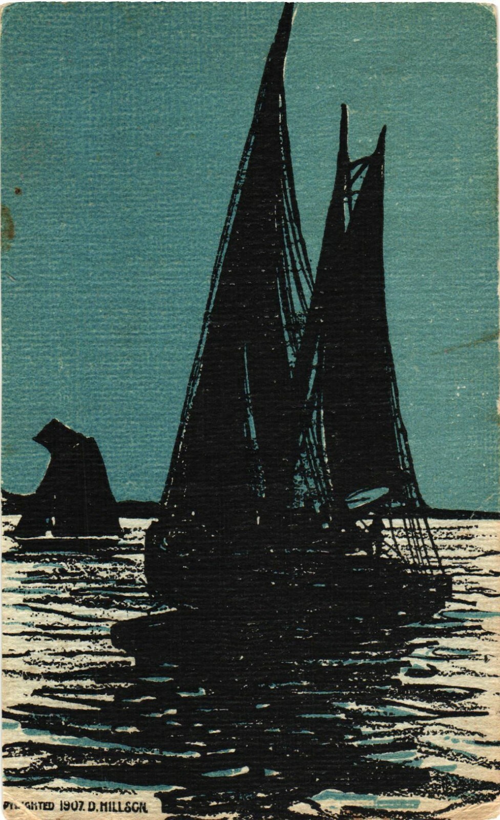 Sailboat Silhouette Moonlight Scene Art Postcard 1907 D. Hillson Unposted