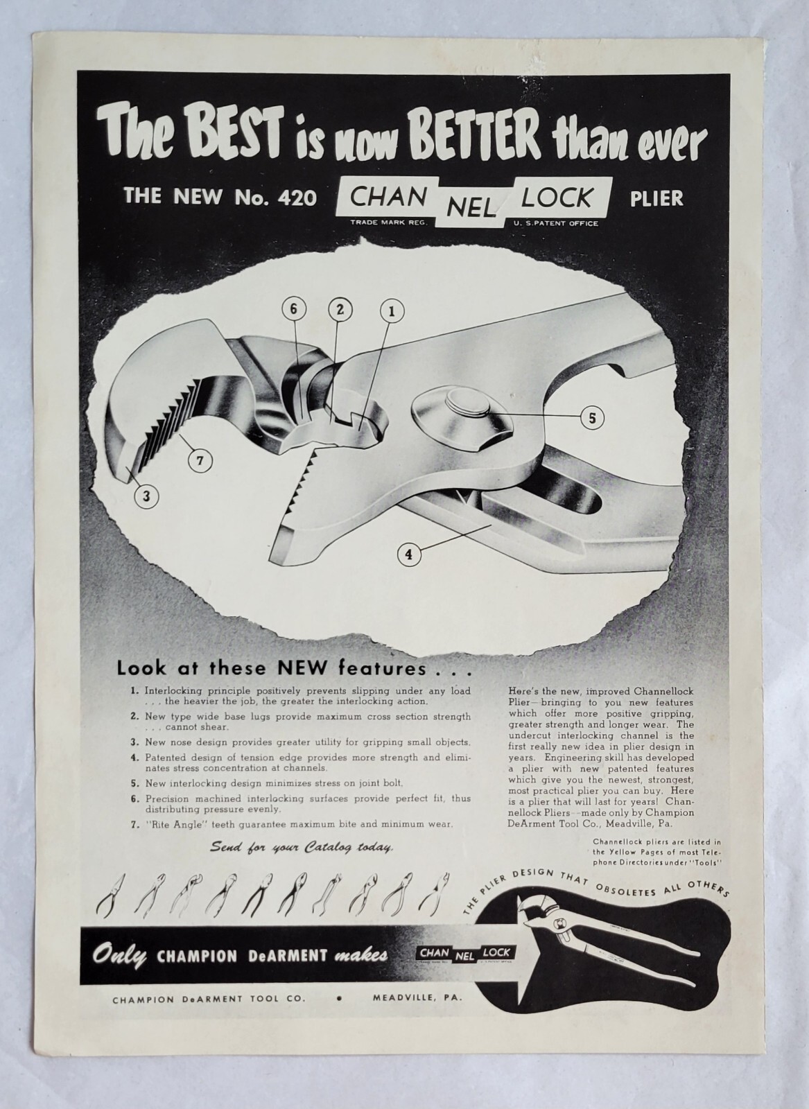 1950s New No. 42 Channel Lock Pliers Print Ad 8 x 11\ 1950s New No. 42 Channel Lock Pliers Print Ad 8 x 11\