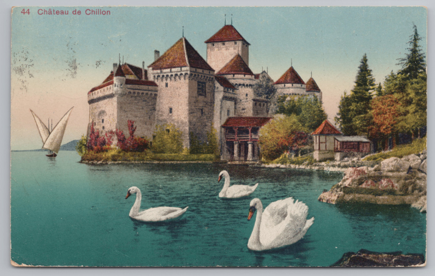 1921 Chateau de Chillon Switzerland Postcard Swans Lake Geneva Postmarked 1921 Chateau de Chillon Switzerland Postcard Swans Lake Geneva Postmarked