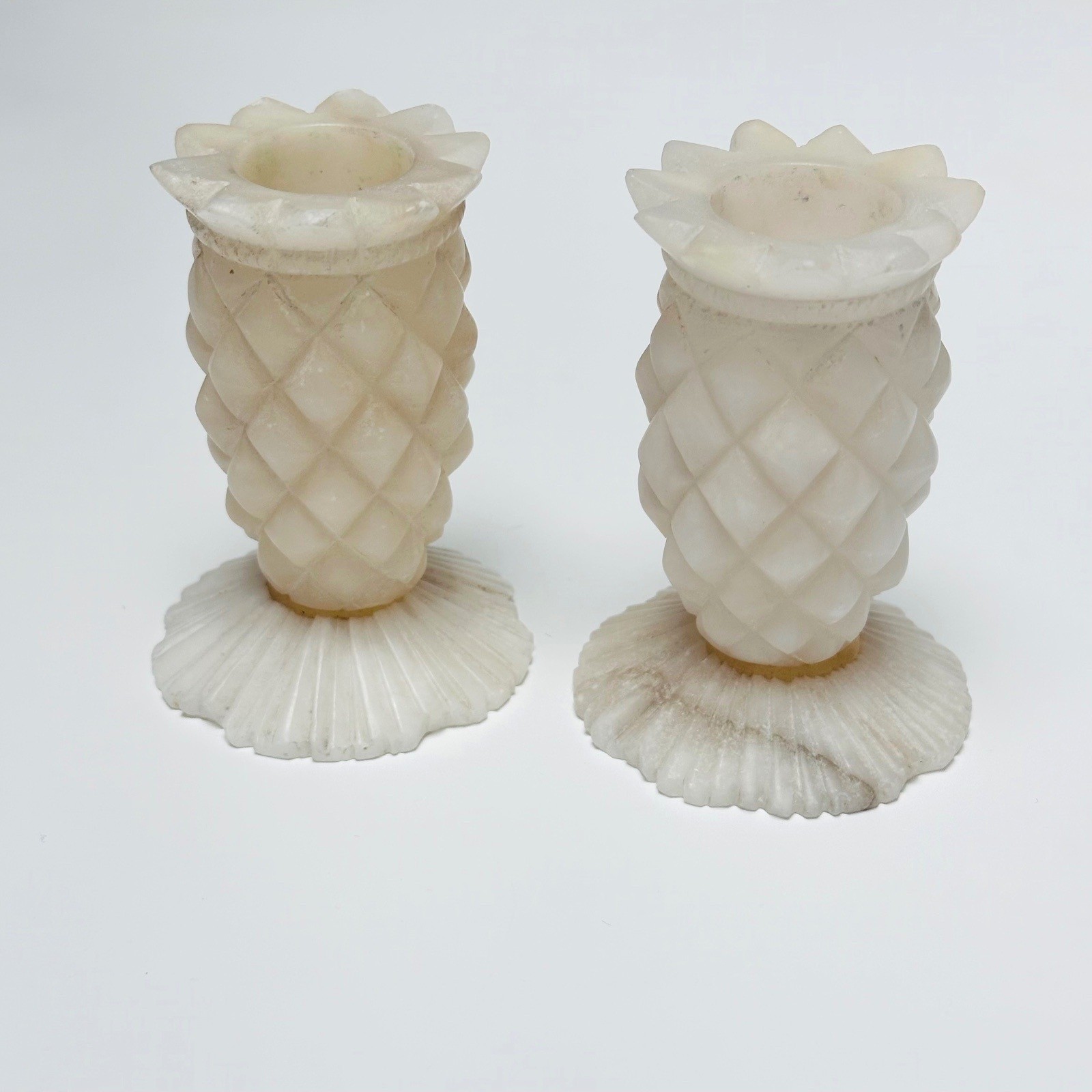 Vintage Italian Alabaster Pineapple Candlestick Holders Pair 3” Tall-Italy Vintage Italian Alabaster Pineapple Candlestick Holders Pair 3” Tall-Italy