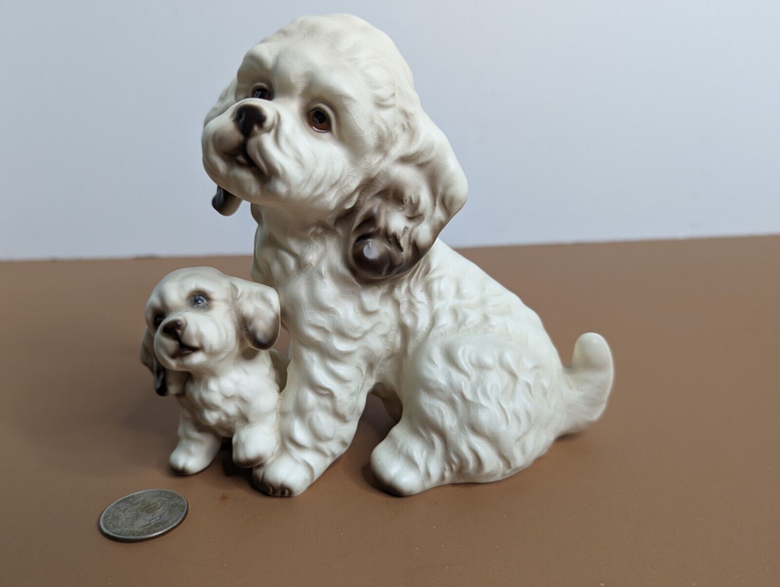 Maltese Mom & Puppy Figurine Ceramic Dogs Fur Babies Vintage Japan White Black