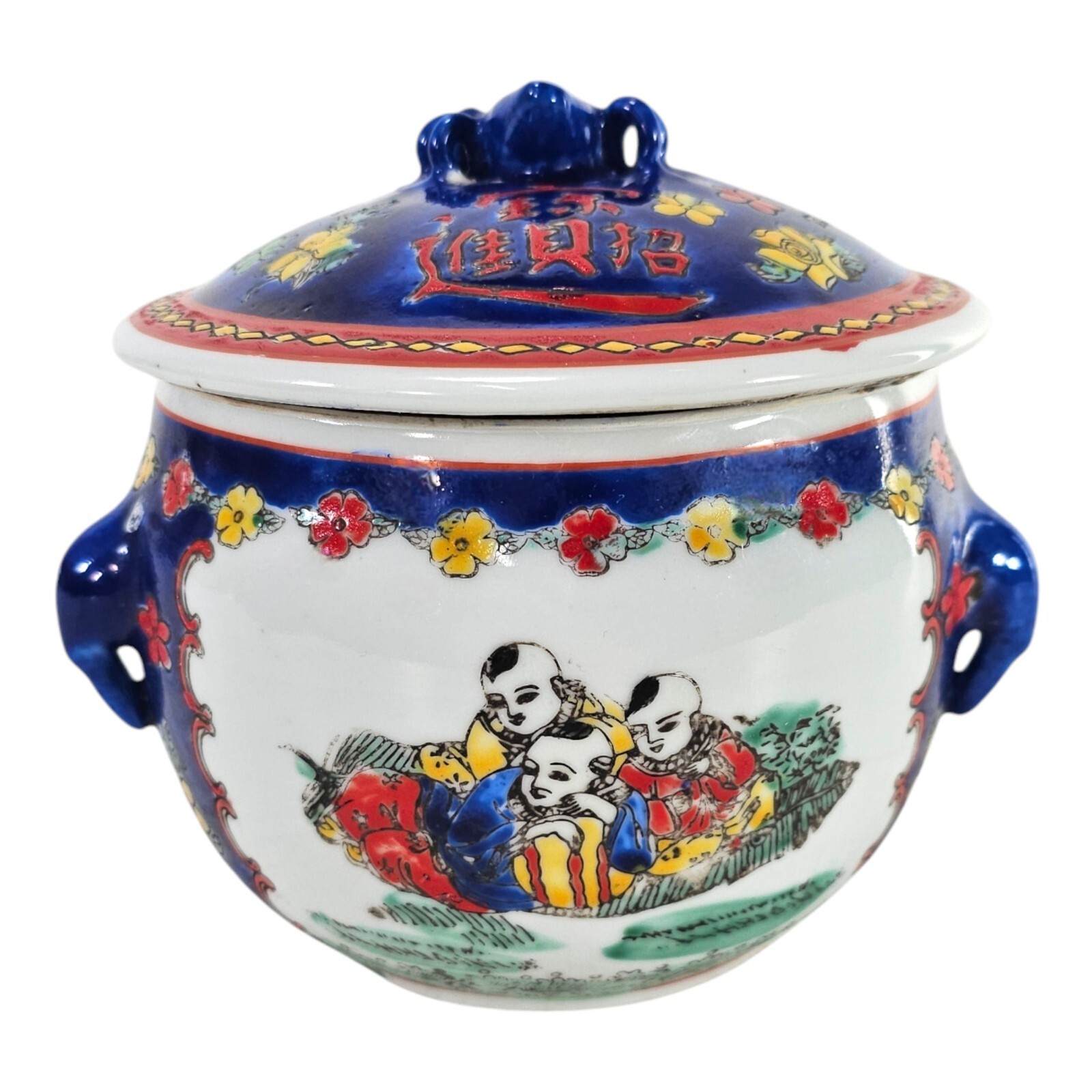 Chinese Cobalt Blue Porcelain Covered Pot – 3 Boys Joy & Prosperity, Auspicious