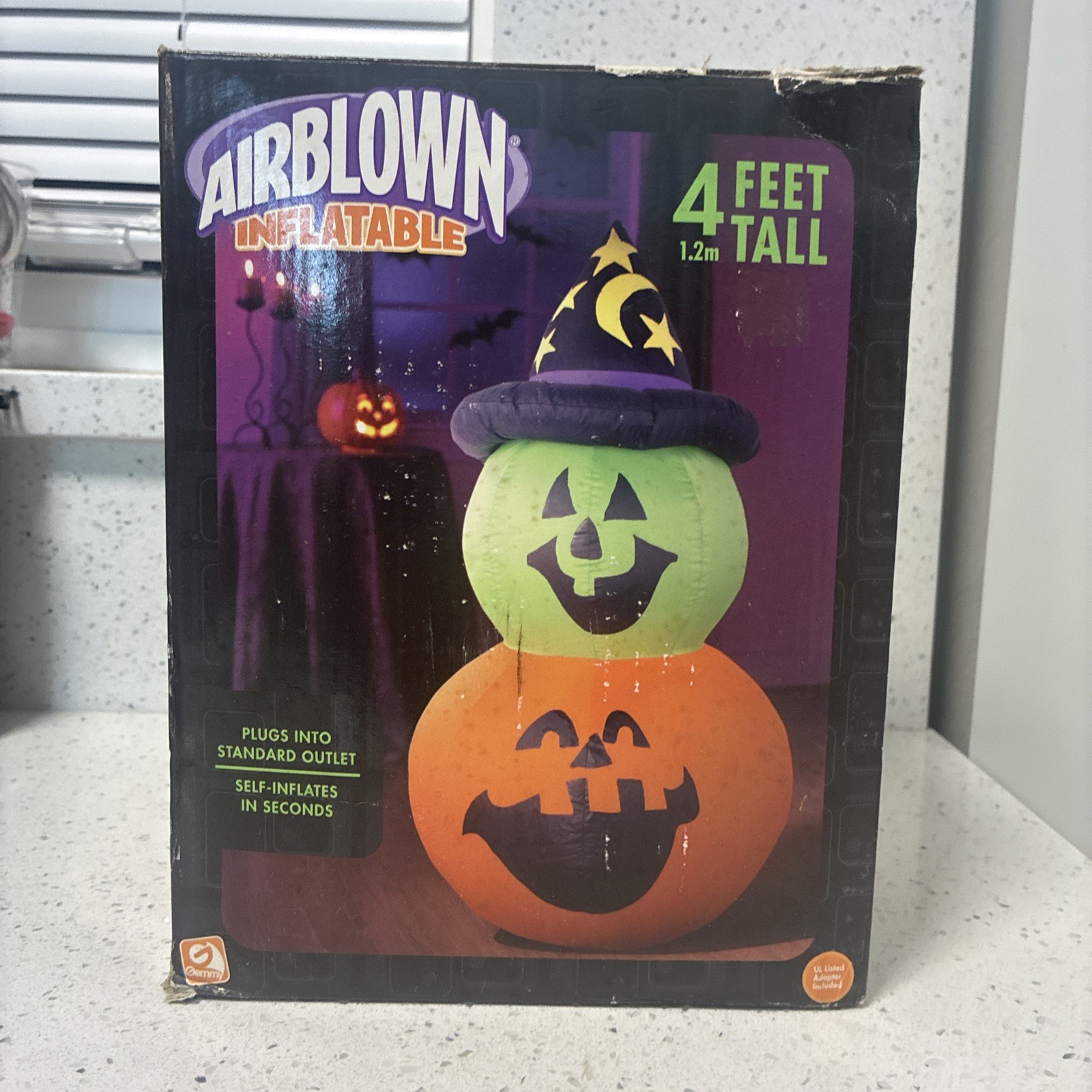 GEMMY 4-Feet Tall Halloween PUMPKIN STACK w/witch Hat Airblown INFLATABLE Rare