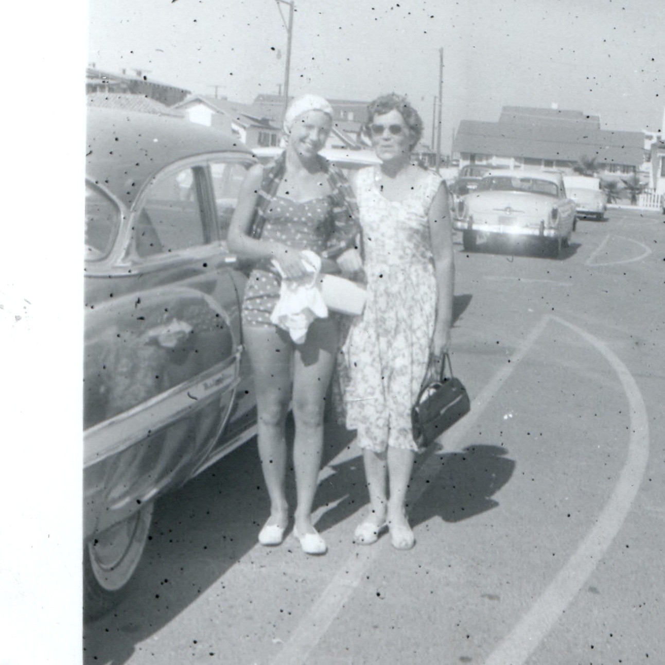 c1950s Women Swimsuit Dress Automobile Snapshot Photo Parking Lot Motel Summer c1950s Women Swimsuit Dress Automobile Snapshot Photo Parking Lot Motel Summer