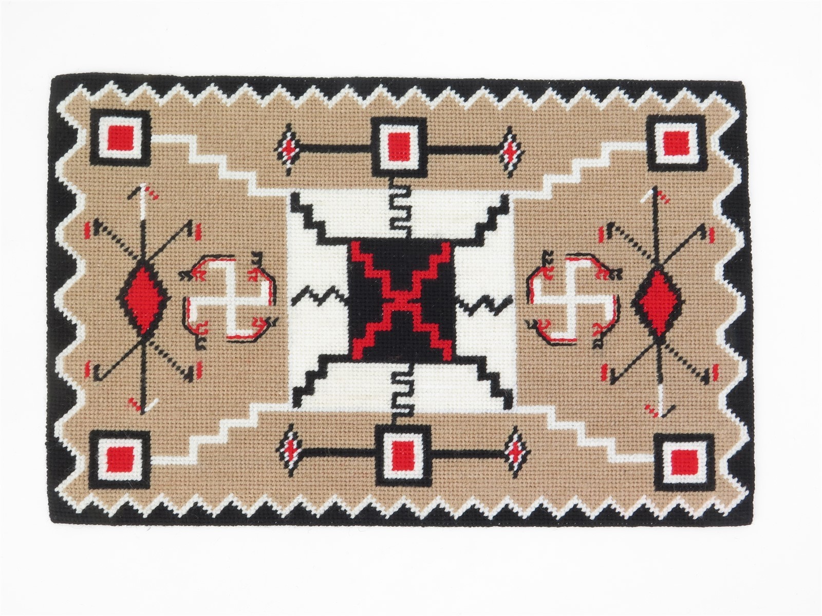 Vintage Needlepoint Rug w/ Navajo Storm Pattern Red, Black White 17
