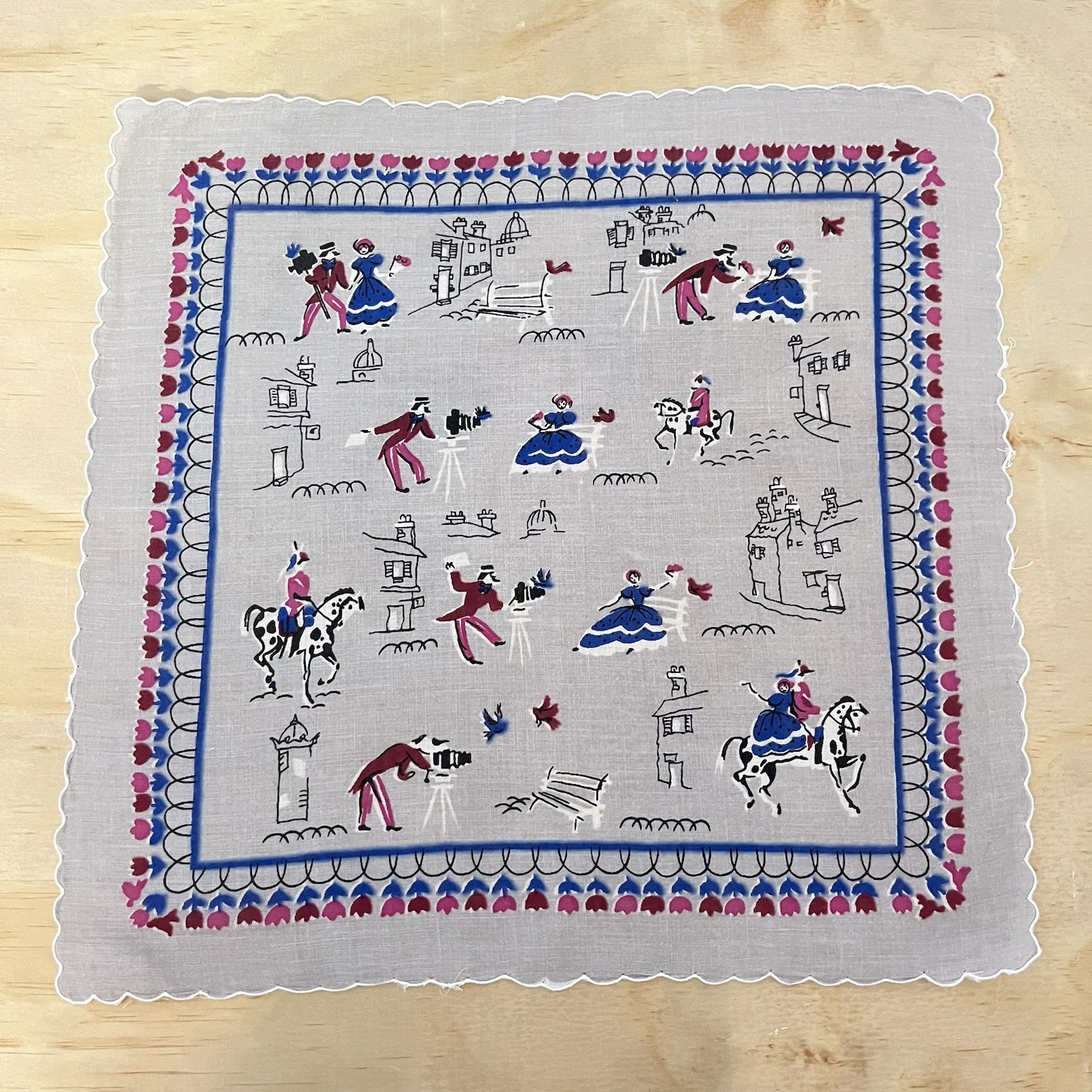VTG Cotton Printed Hankie Regional Village Scene Courting Couple Scalloped 14x14 VTG Cotton Printed Hankie Regional Village Scene Courting Couple Scalloped 14x14