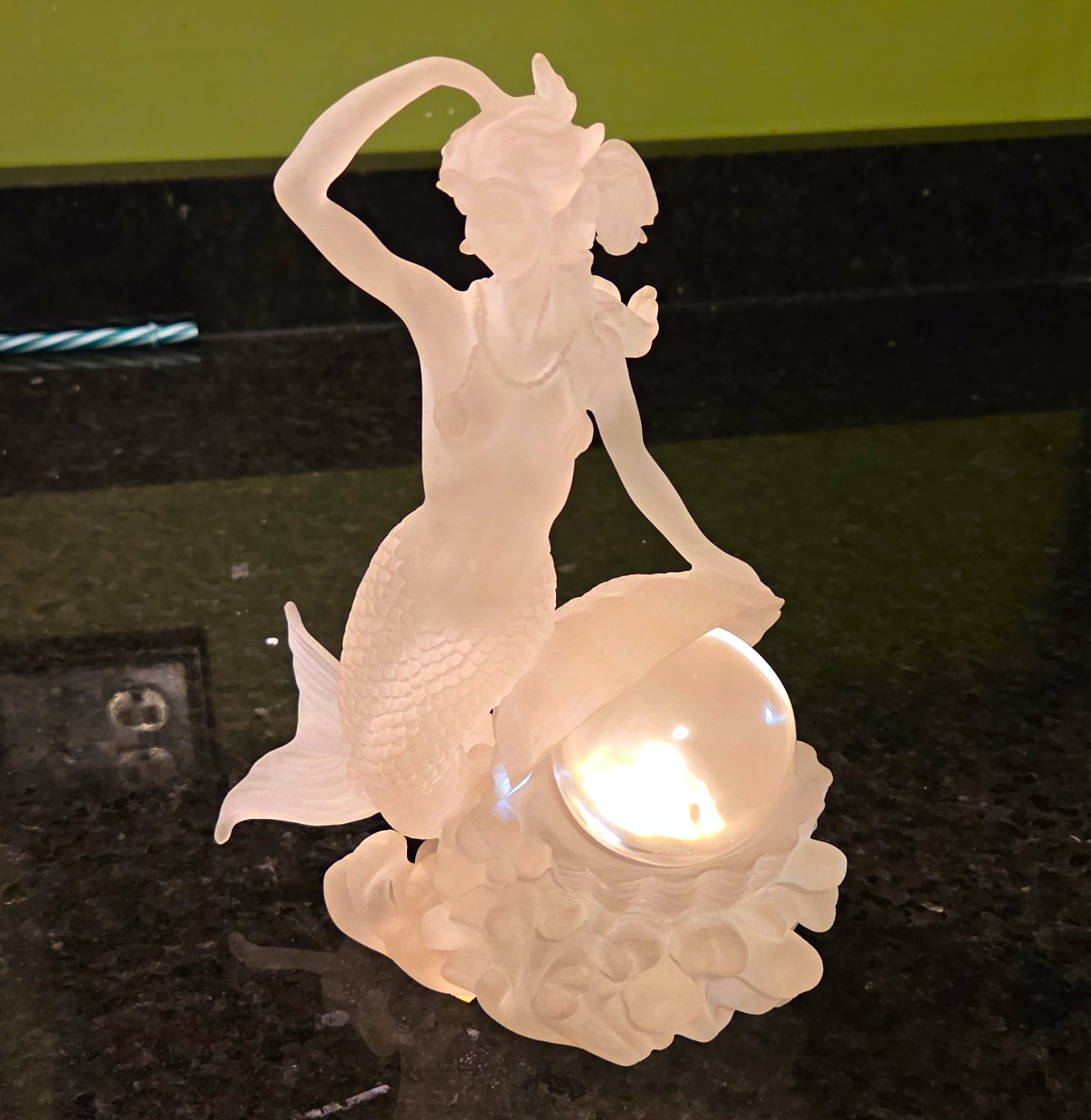 Vintage Frosted Satin Lucite Mermaid Figurine Crystal Ball Pearl Accent Fantasy