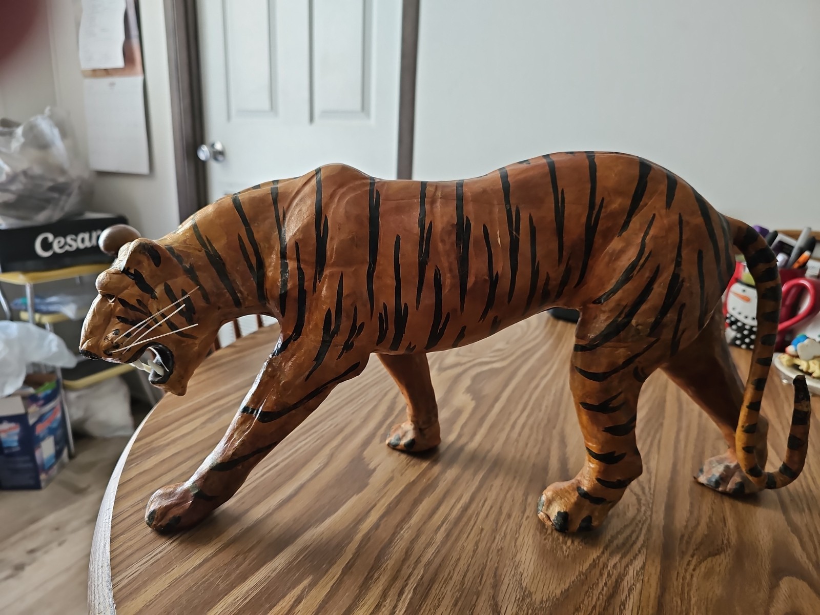Vintage Genuine Leather Wrapped Tiger Sculpture. 18 Inches Long 10 Inches Tall. 