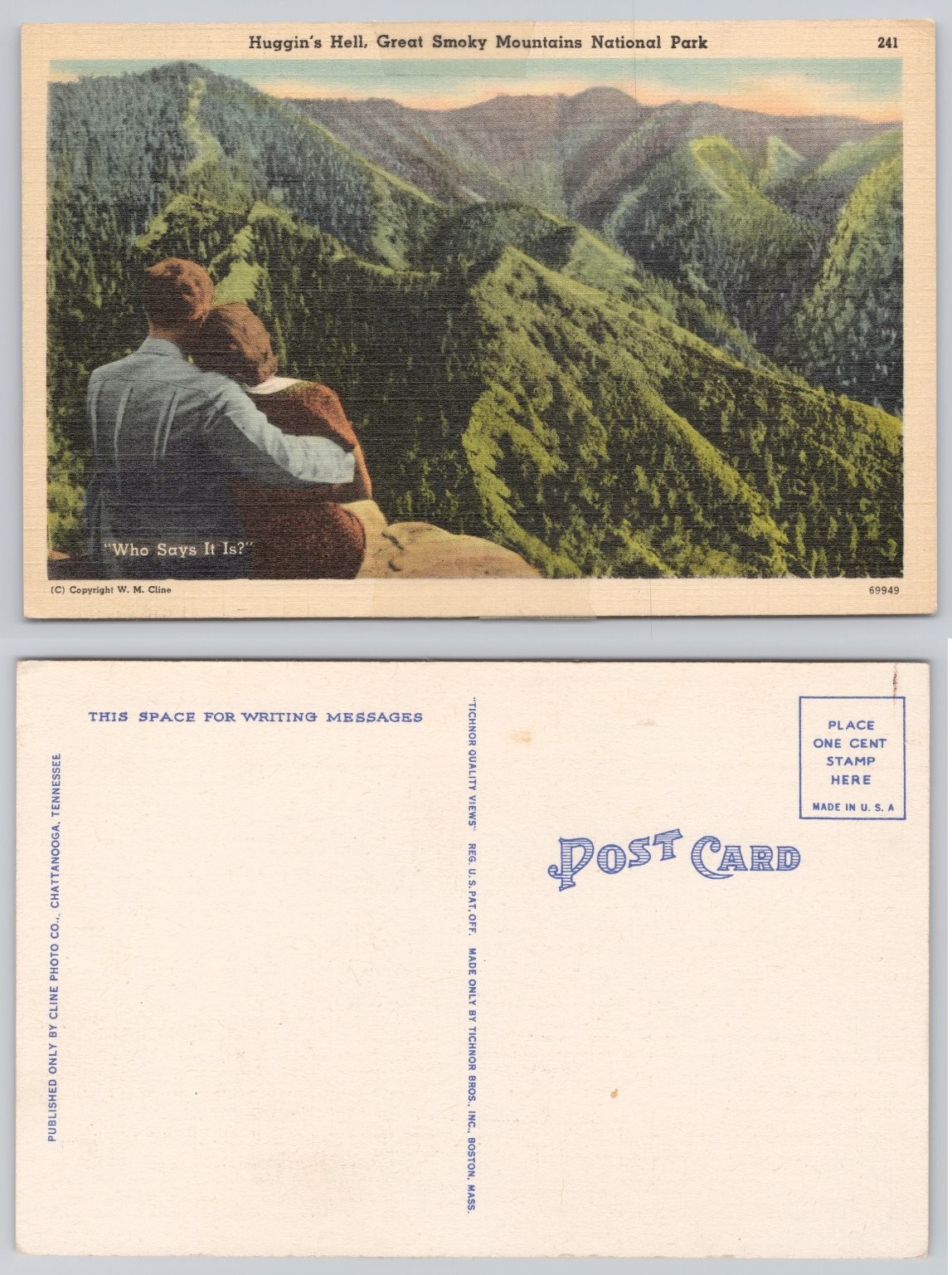Vintage Huggin\'s Hell Great Smoky Mountains Linen Postcard Couple View