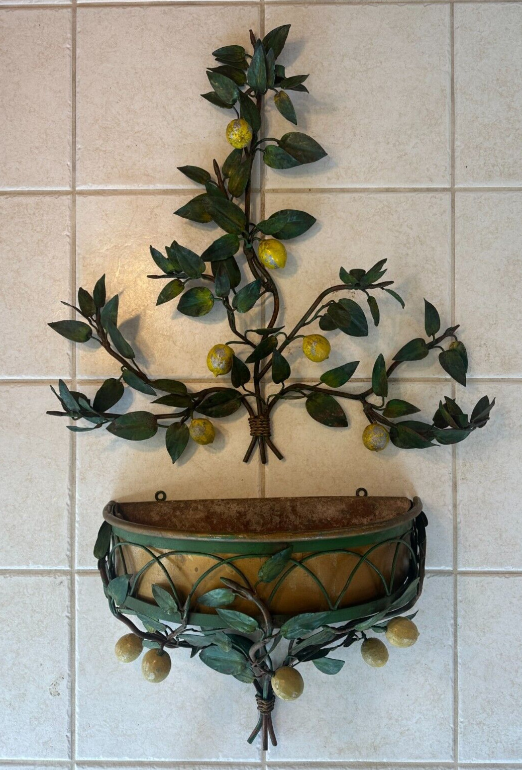 Vintage Italian Toleware Hanging Metal Planter and Sconce Painted Lemons Vines