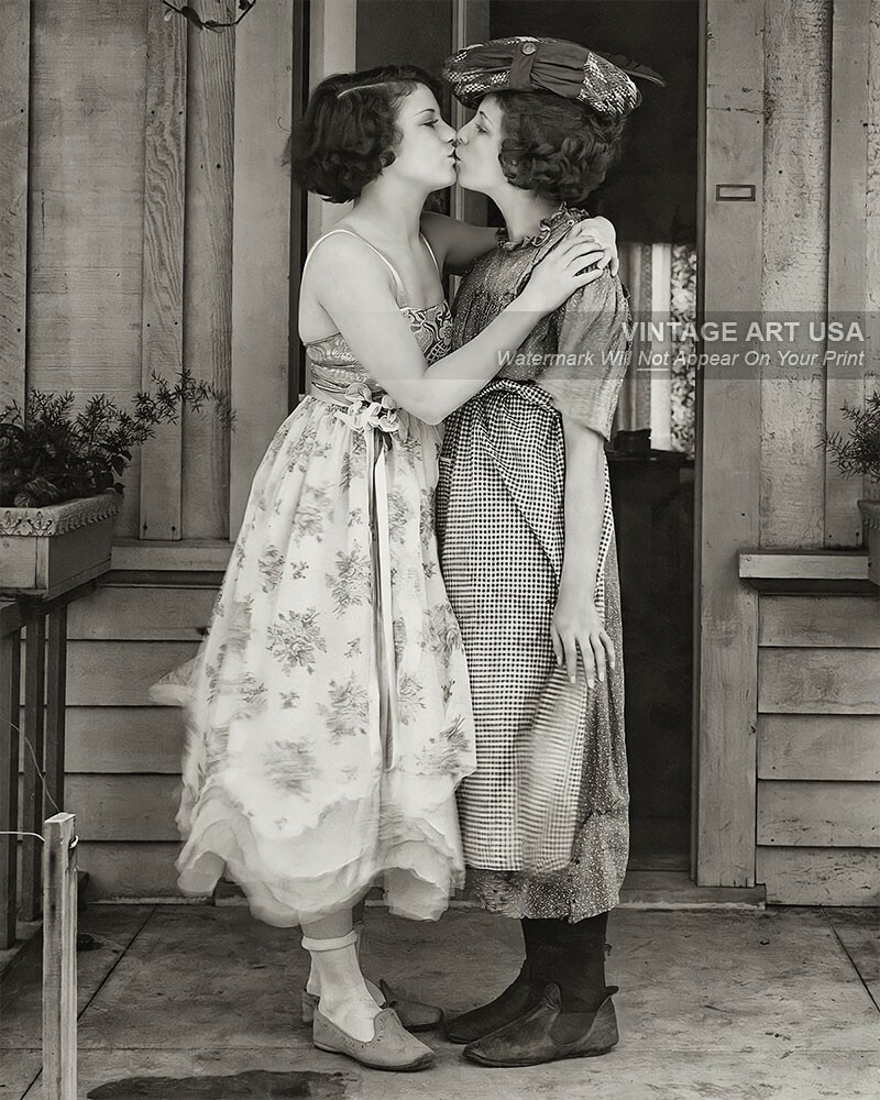 Young Women Kissing on the Porch 8x10 Photo Print c1920 Vintage Photograph