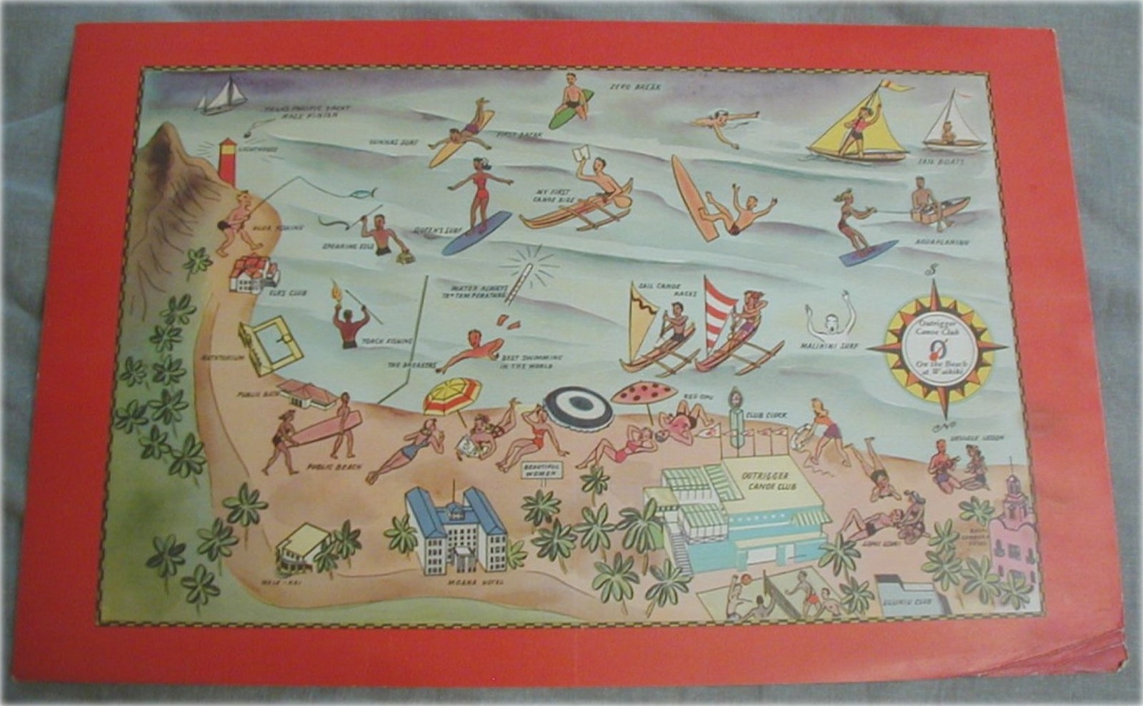 Vtg. Outrigger Canoe Club Menu Waikiki Map-NEVER FOLDED-Beach Tiki Surfboard