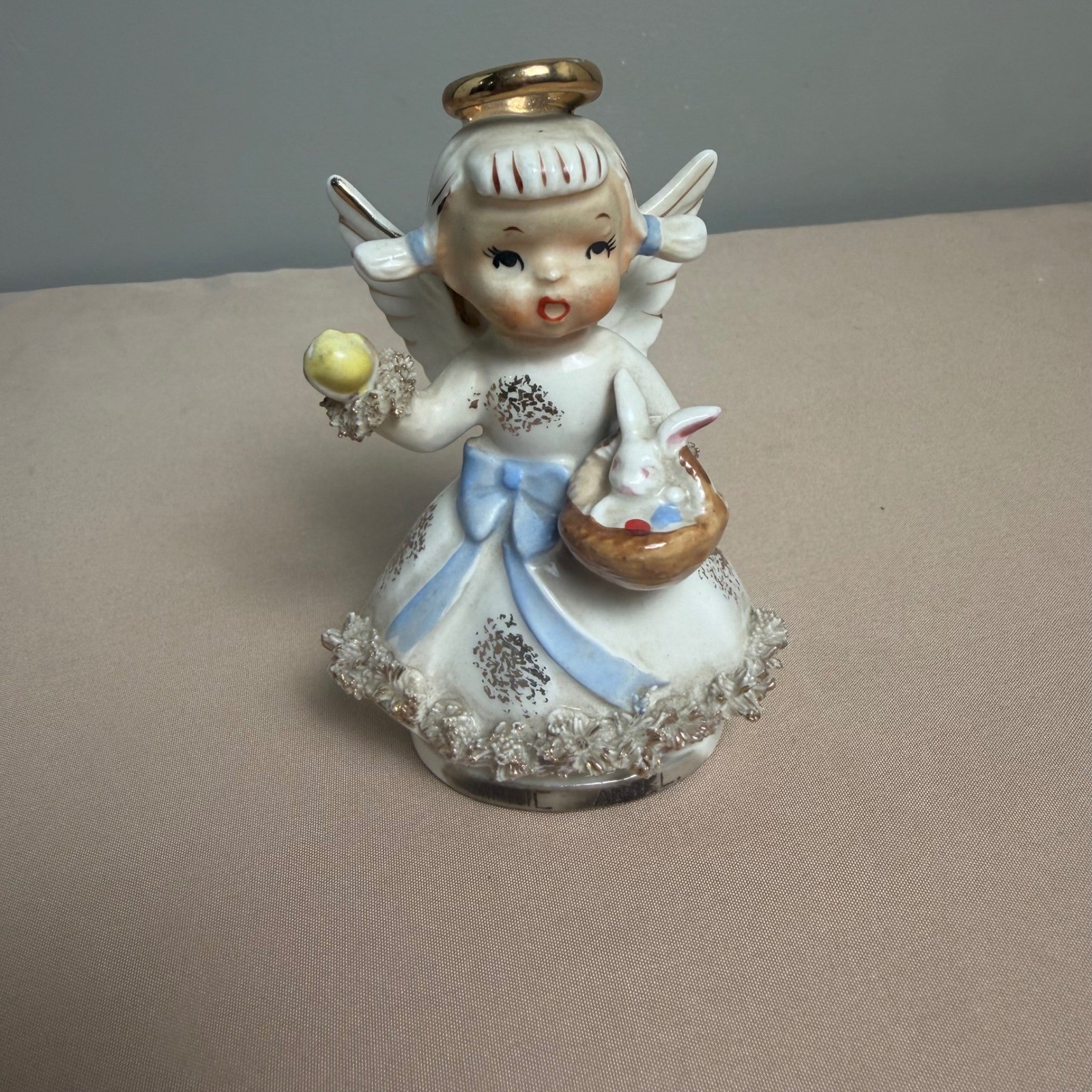Vintage Lefton April Angel Figurine AR1987 Birthday Easter Bunny Spaghetti Trim Vintage Lefton April Angel Figurine AR1987 Birthday Easter Bunny Spaghetti Trim