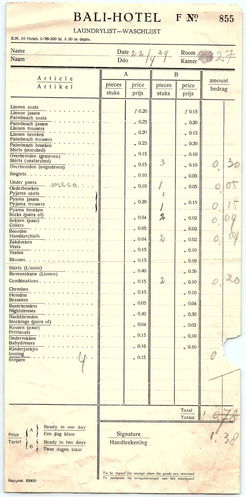 Vintage Bali Hotel Laundry List, dated 1929