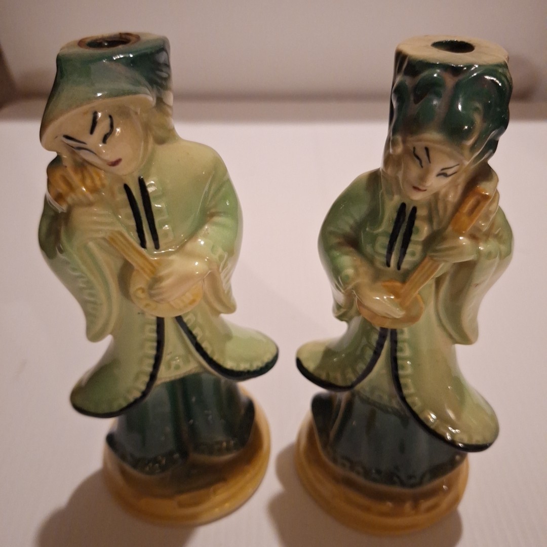 Shawnee Pottery (Pair) Ceramic Asian Couple Figures Playing Mandolins Shawnee Pottery (Pair) Ceramic Asian Couple Figures Playing Mandolins