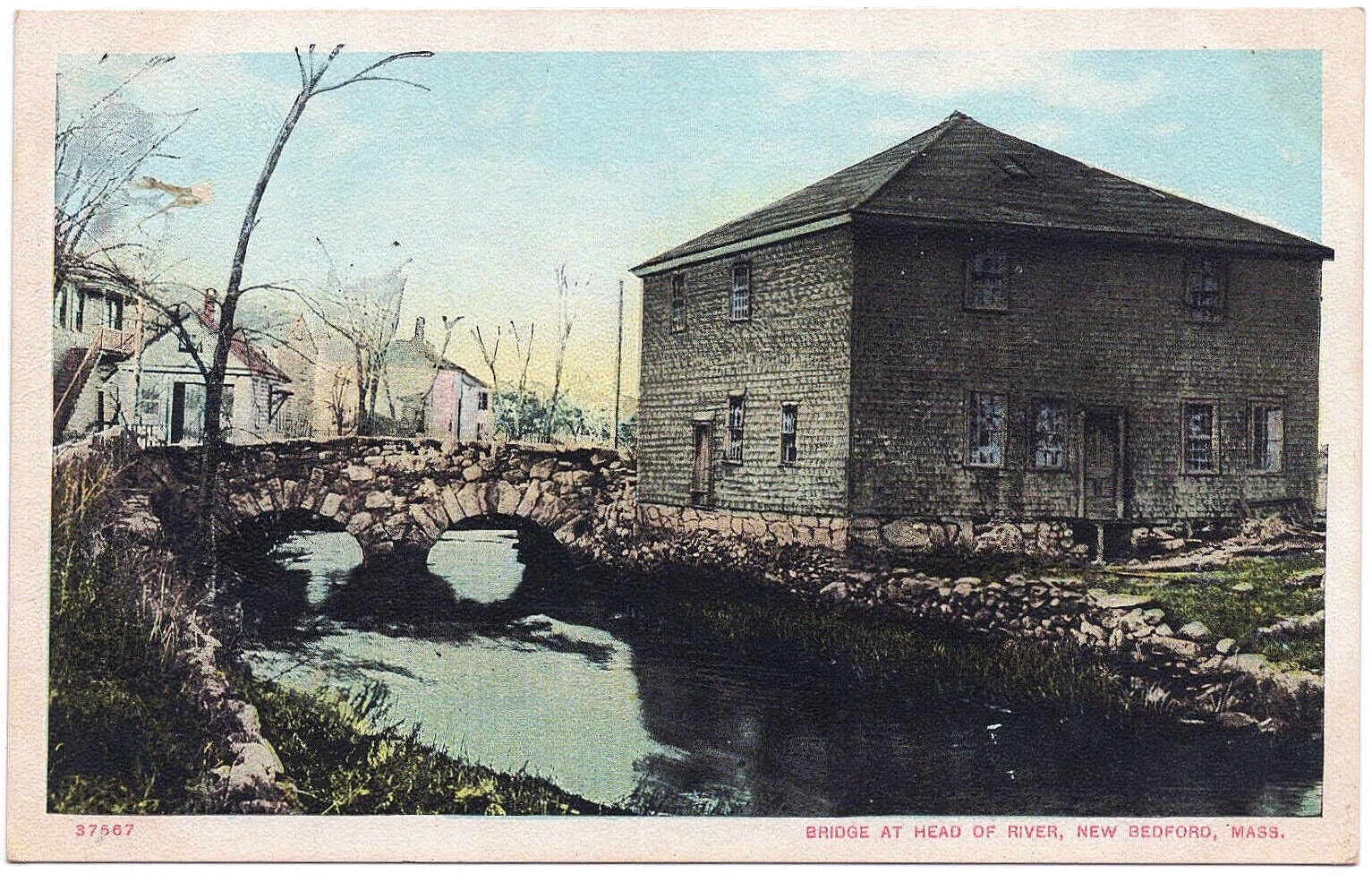 1907-15 New Bedford MA Postcard Massachusetts Bridge at Head of the River Houses