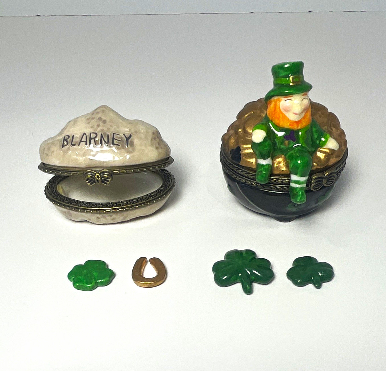 St. Patrick\'s Day Hinged Trinket Box Set 2pc Leprechaun Pot of Gold, Blarney