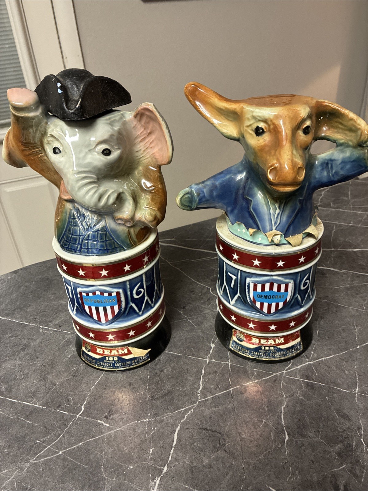 VTG 1976 Jim Beam Decanter Set Democrat Donkey & Republican Elephant USED Bar VTG 1976 Jim Beam Decanter Set Democrat Donkey & Republican Elephant USED Bar